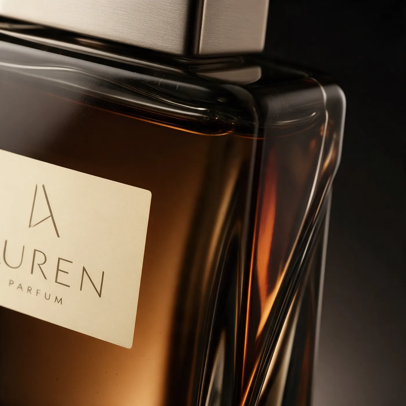 Macro of the Auren label through amber glass