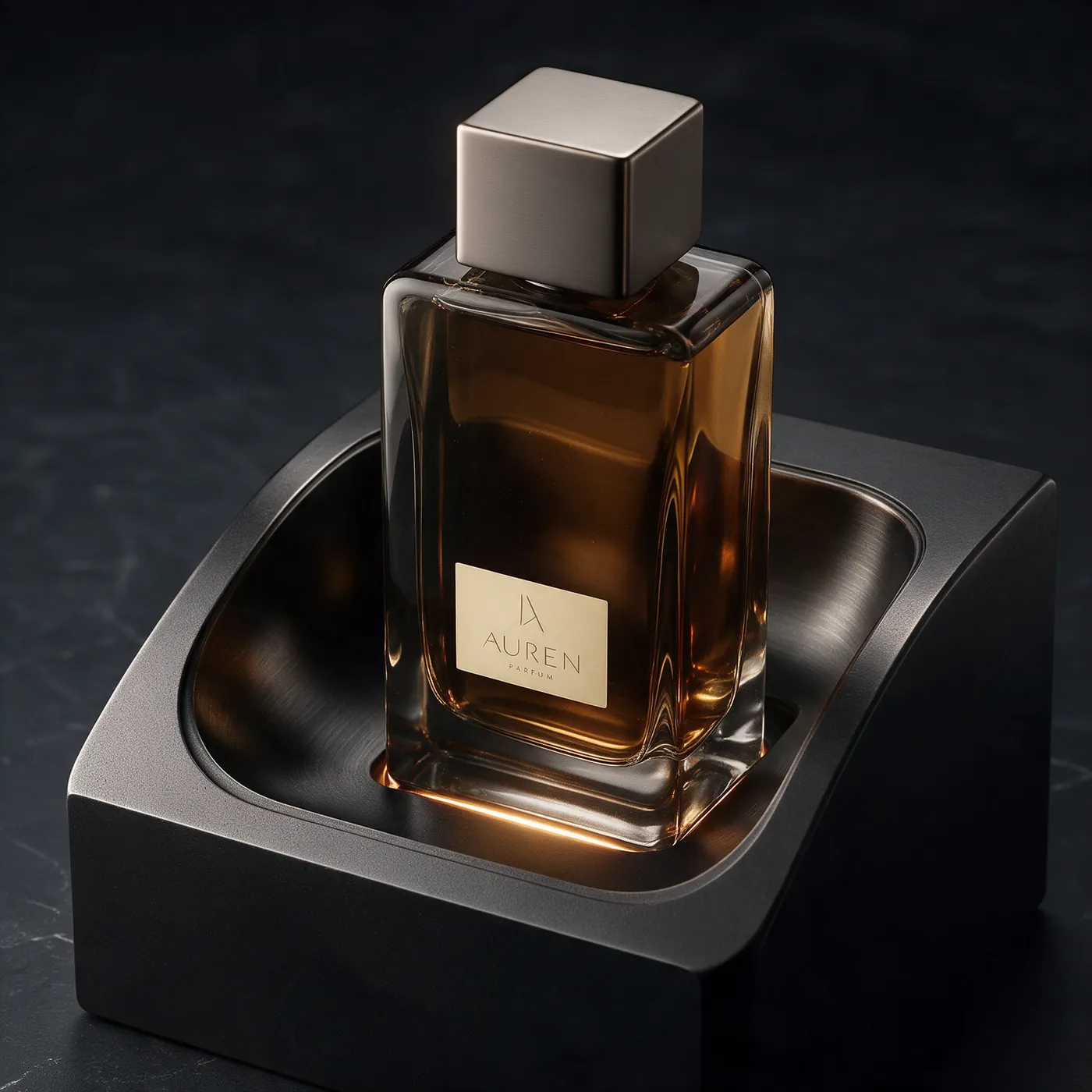 The bottle resting on a black stone plinth