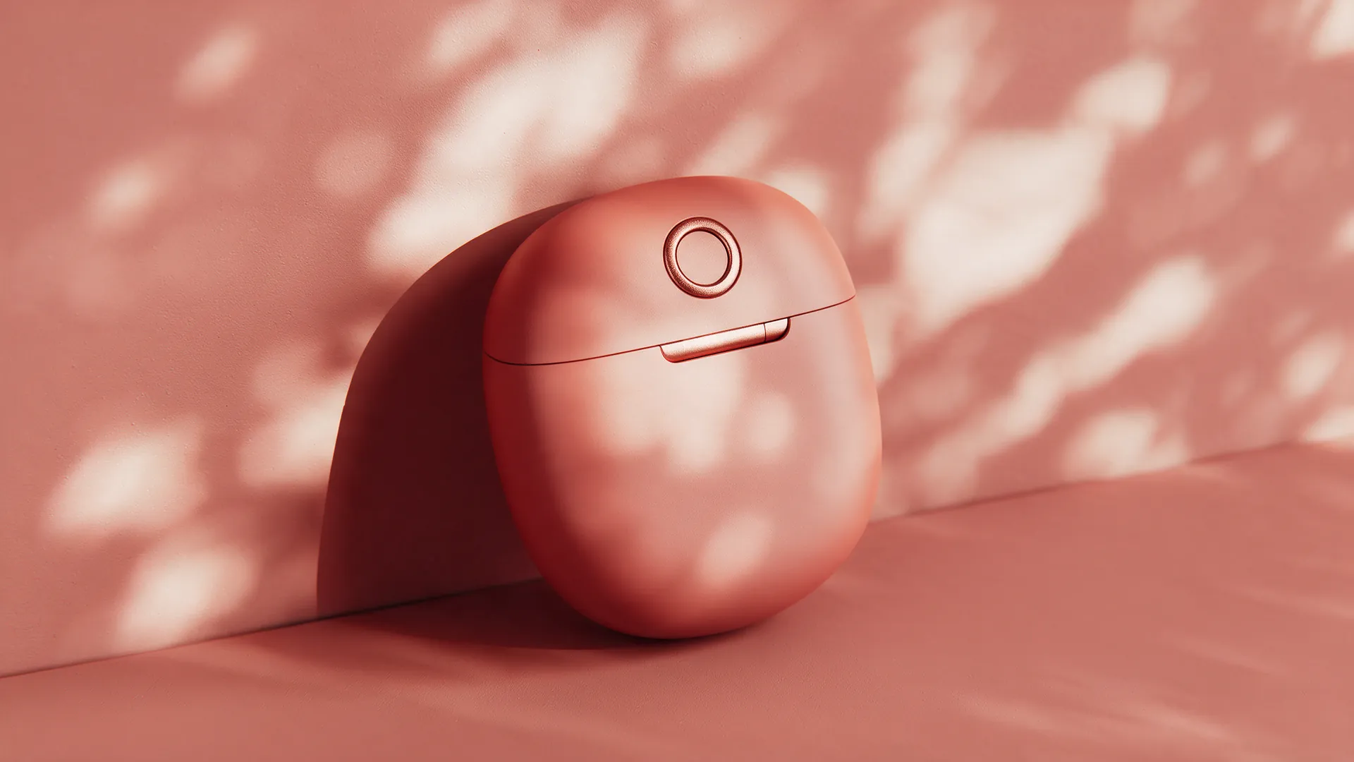 Halo earbud case, closed, in dappled light